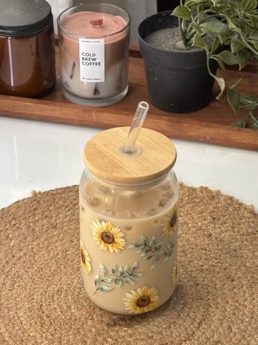 Image of THE UMBRELLA STORE Glass Tumbler Bamboo Lid and Straw, Coffee Tumbler, Reusable Glass (Sunflower)