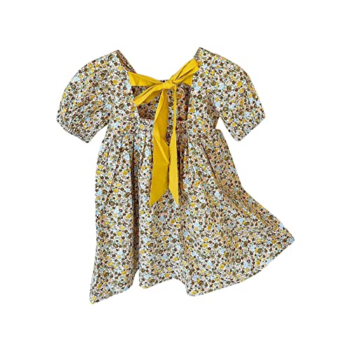 Vestido de verão para meninas com gola redonda e manga curta com laço casual para praia, estampa flo