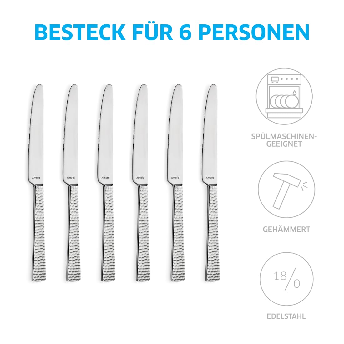 Amefa FELICITY Dessertmesser Set 6-tlg. für 6 Personen, Gehämmertes Dessertmesser klein, Buttermesser klein im Hammerschlag-Design, 18/0 Edelstahl Vorspeisenmesser, Spülmaschinenfest