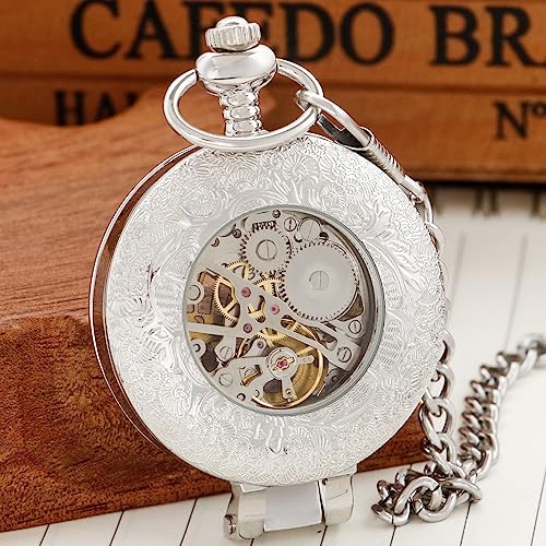 Image of Transparent Cover Mechanical Pocket Watch for Men Vintage Skeleton Dial Clock Hand Wind Male Fob Chain Watches(Silver)