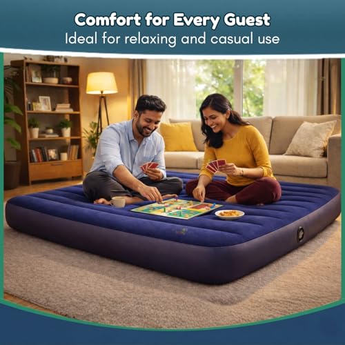 Image of Toy Imagine Portable Inflatable Air Mattress for Home & Camping Full Queen Size Waterproof Blow Up Fiber-Tech Bed with Soft Flocked Top & Strong Support Structure (191x137x25 cm)