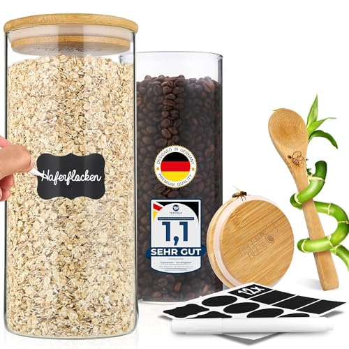 GREEN BEE`S Vorratsglas gro&szlig; - 2x1500ml Neues Modell - Passgenau f&uuml;r Schublade & Apothekerschrank - Nachhaltige Vorratsgl&auml;ser mit Deckel luftdicht - F&uuml;r Mehl, Zucker, Nudeln, Kaffee & Haferflocken