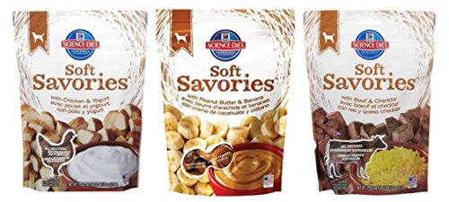 Hill's Science Diet Soft Savories Adult Dog Treat 3 Flavor Variety Bundle: (1) Soft Savories With Peanut Butter & Banana, (1) Soft Savories With Chicken & Yogurt, and (1) Soft Savories With Beef & Cheddar, 8 Oz. Ea. (3 Bags Total)