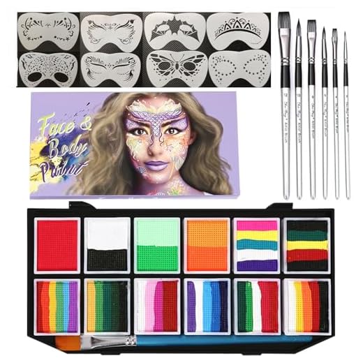 UDUOLER Kit De Pintura Facial Profissional Para Crianças E Adultos, Paleta Tinta Bolo Dividida 12 X 10 G Com Estênceis Pincéis, Conjunto Corporal Arco-Íris Uma Pincelada Não Tóxico, Maquiagem Natal
