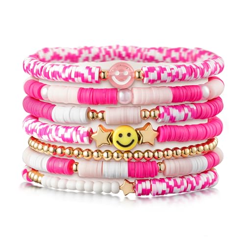 LieToi 7Pcs Preppy Heishi Bracelets Hot Pink Smile Star Beaded Surfer Bracelets Polymer Clay Stackable Disc Summer Beach Layering Y2K Stretch Boho Jewelry Gift for Women