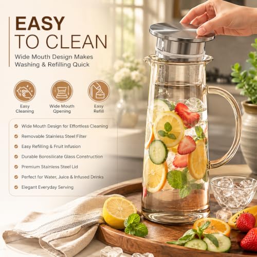 Image of Wringo Premium Glass Waters Jugs - 1.2 LTR, (Set of 1) Transparent, Hot Cold Water Glass Pitcher with Steel Lid Water Jug, Iced Tea, Milk and Juice Beverage Carafe, Lemon Jug 1200ML (WQ-02)