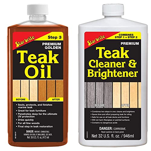 Image of STAR BRITE Premium Golden Teak Oil - Sealer, Preserver & Finish for Outdoor Teak & Other Fine Woods - Step 3-16 OZ (085116PW) & One Step Teak Cleaner & Brightener - 32 OZ (094932), White