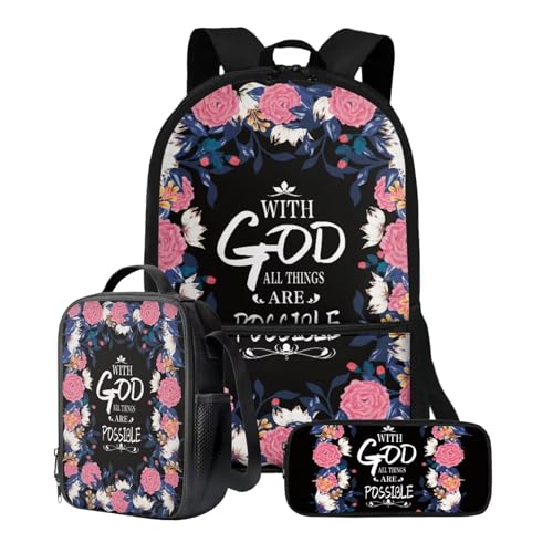 Suobstales Flower Pattern Backpack for Girls Boys With God All Things 3 In 1 School Bookbag Set with Lunch Bag and Pencil Case Large Capacity Schoolbags Casual Back Packs Satchel Teens Rucksack