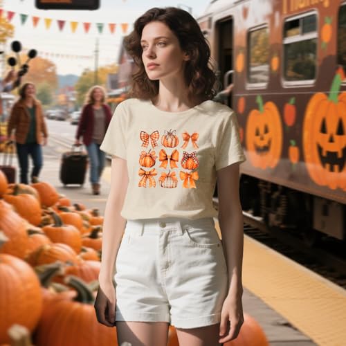 Women Halloween Pumpkin Shirt Coquette Bow Pumpkin Print T-Shirt Halloween Fall Tee Tops4