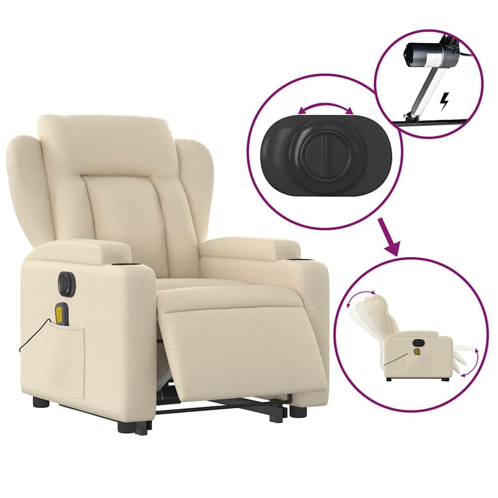Elektrischer Relaxsessel Creme Stoff mit Aufstehhilfe, Liegefunktion, 6-Punkt-Vibrationsmassage, Armlehnen, Getränkehalter, Seitentasche, modernes Design