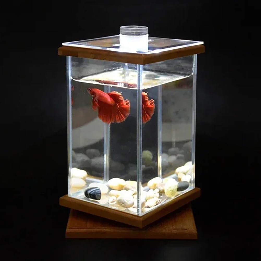 Betta Fish Tank, bambusowa plastikowa obrotowa miska na ryby z lekką pokrywką, przezroczyste 360° ozdobne akwarium do dekoracji wnętrz, do użytku na biurku, przezroczysta, prostokątna konstrukcja