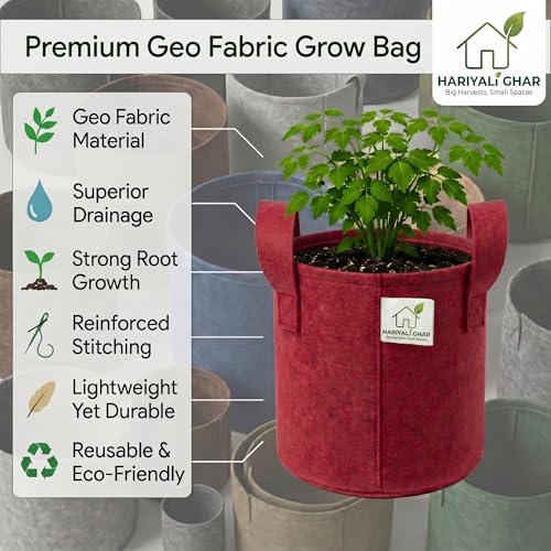 Image of 400 GSM Geo Fabric Round Grow Bags 9x9 Inch with Handle, Red Planting Bags for Terrace and Kitchen Gardening Pack of 20
