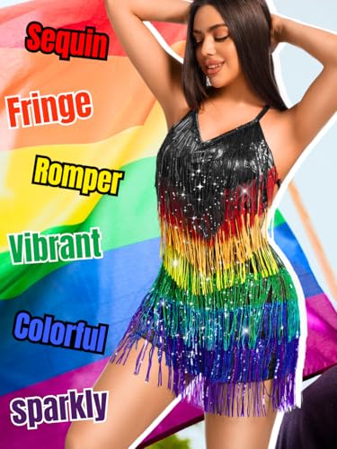 Image of Kaei&Shi Sequin Fringe Romper,Sparkly Glitter Metallic Jumpsuits For Women,Backless Shorts Dress Disco Birthday Dance Outfit