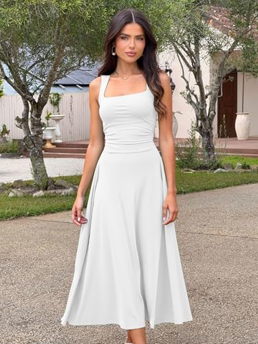 Kaximil Women's Square Neck Corset A Line Maxi Dress Ruffle Ruched Waist Flowy Long Dresses3