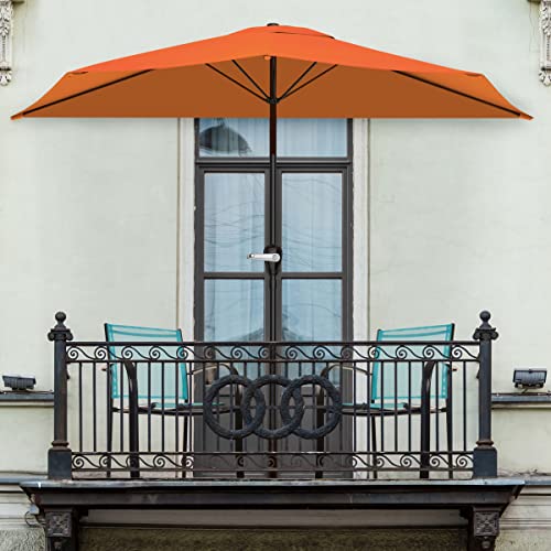 Image of Pure Garden Half Round Patio Umbrella with Easy Crank - Compact 9ft Semicircle Outdoor Shade Canopy for Balcony, Porch, or Deck (Terracotta)