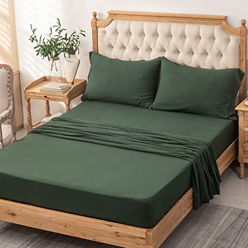 PURE ERA Jersey Knit 4pc Bed Sheet Set 100% T-Shirt Cotton Super Soft Comfy Breathable Fits Mattress Up to 20" Extra Deep Pocket (Solid Forest Green, King)