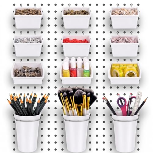 Image of G.CORE 12 Pack Pegboard Bins & Cups with Hooks & Loops, Peg Board Hooks Assortment Organizer Accessory, Various Tools Storage Arrange Kit for Garage Craft Workshop Workbench Hobby Office (White)