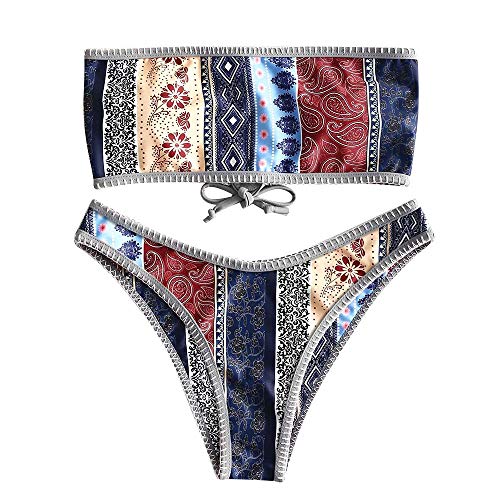 ZAFUL Women's Ethnic Flower Bandeau Bikini Swimsuit Two Piece Lace Up Bikini Set Removable Paddings Swimwear