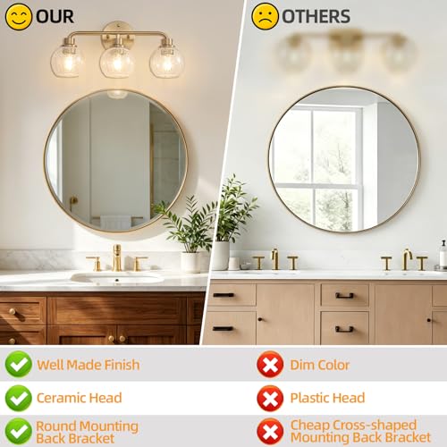 Image of Bathroom Light Fixtures Gold Vanity Light 3 Light Brushed Brass | Wall Sconces Lighting with Crackle Globe Glass Shades Bath Wall Lamp for Mirror Kitchen Living Room Bedroom Hallway