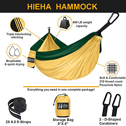 Hieha Camping Hammock - Single Parachute Hammock (2 Tree Straps & D-Shaped Carabiners 5+1 Loops/13ft Included) Lightweight Nylon Portable Hammock for Hiking, Travel, Backpacking, Beach, Yard Gear - Thumbnail 7