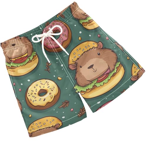 Pigsaly Boys Swim Trunks Capybara Hamburger Donuts Boys Board Shorts Swimsuit Swimwear Summer Bathing Suit 4T Multicolor