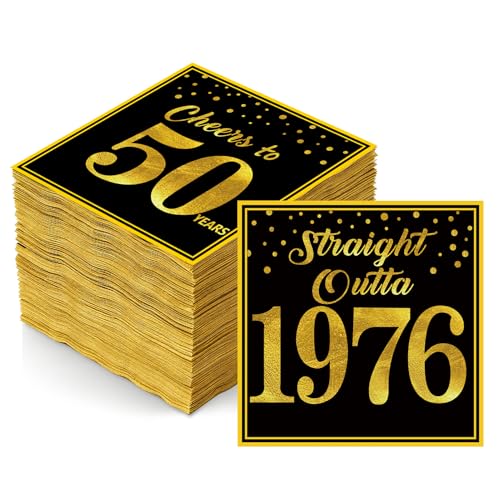 1976 50th Birthday Napkins Black Gold 50th Birthday Decorations for Men Woman Cheers to 50 Years Straight Outta 1976 Anniversary Party Cocktail Napkins Disposable 50PCS 6.5x6.5 Inches