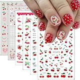 Summer Fruit Nail Art Stickers 3D Self-Adhesive Cherry Nail Sticker Strawberry Rabbits Nail Design Decoration Cute Bow Nail Decals Fruits Nail Supplies for Women Girls DIY Manicure Charms Tips 6Pcs