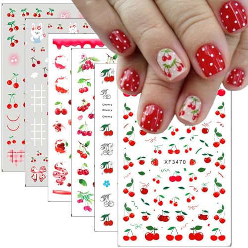 Summer Fruit Nail Art Stickers 3D Self-Adhesive Cherry Nail Sticker Strawberry Rabbits Nail Design Decoration Cute Bow Nail Decals Fruits Nail Supplies for Women Girls DIY Manicure Charms Tips 6Pcs