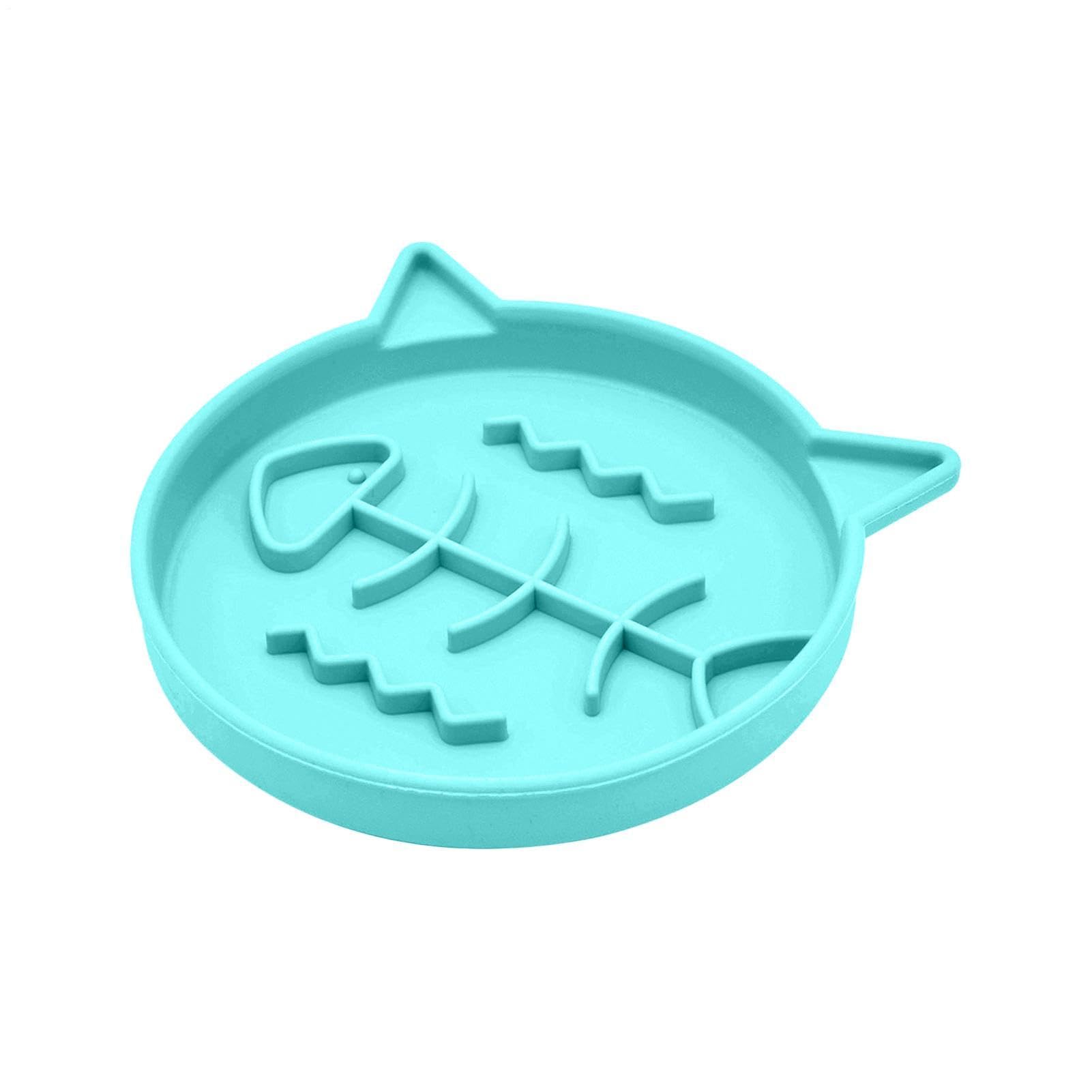 Cat Slow Feeder - Silicone Dish for Digestion | Food Grade Material with Fishbone Texture, Anti Slip Suction Base, Whisker Friendly Shallow Plate, Mealtime Accessory