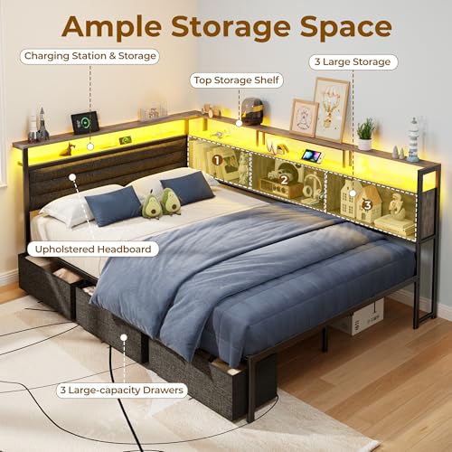 Image of OURPIC Full Size Bed Frame with Headboard and Storage Drawers, Full Metal Platform Corner Bed Frame with Charging Station and LED Lights, Heavy Duty Strong Support Slats and Easy to Assemble, Gray