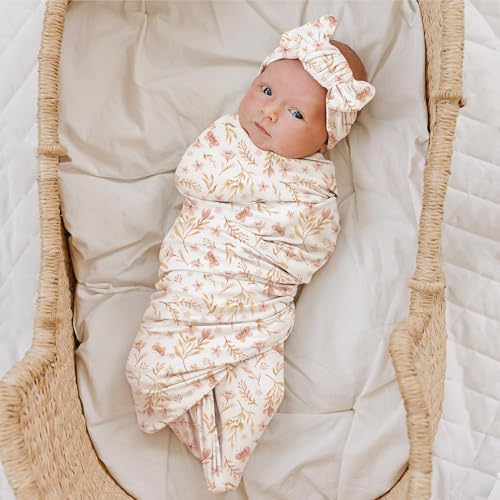 Image of Konssy Baby Blanket & Headband Set, 32 x 32 Inch Swaddle Receiving Blanket | Buttery Soft & Stretchy, Baby Girl Bow Headband, Newborn Photoshoot & Coming Home Outfit, Newborn Essentials (Pink Spring)