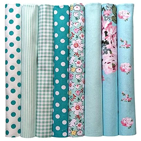 Qililandiy Blue Series Flowers Dot Grid Striped Pattern Cotton Fabric Quilting Patchwork Fabric 8pcs Fat Quarter Bundles Fabric for Sewing Crafting 18x22 inches Cover