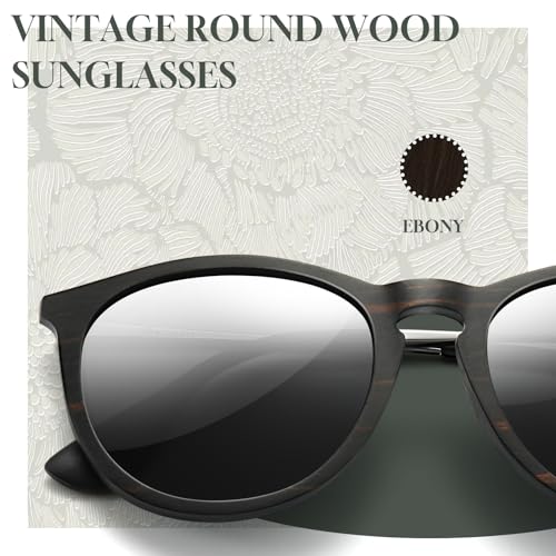 Image of SUNGAIT Rosewood Wood Sunglasses Polarized Vintage Round Sun Glasses for Women Men Classic Retro Trendy Style