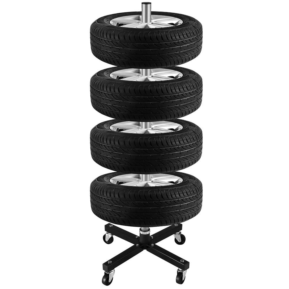 Albero Asta Porta Pneumatici con Ruote Piroettanti per Cerchioni da Auto, Camion, Moto, Scaffale Portagomme Mobile Salvaspazio per Gommista, Officina, Meccanico, Struttura in Ferro Resistente