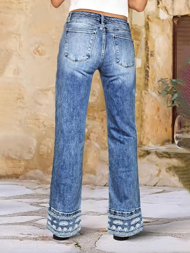 Flamingals Mid Rise Bootcut Jeans for Women with Embroidery Hem Stretchy Wash Straight Leg Jeans Causal Trendy3