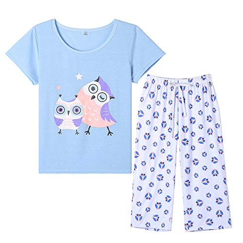 YIJIU Owl Print Pajama Set - Short Sleeve Top & Capri
