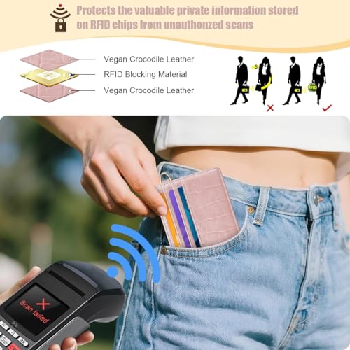 Image of Slim Credit Card Holder Crocodile Wallet Women Thin Wallets | Alligator Print RFID Blocking Minimalist Lightweight Pocket Small Cute Cards Holders ID Window, Pink Croc
