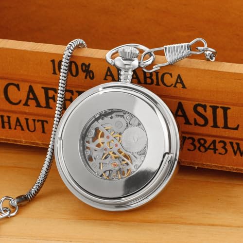 Image of Unique Ball Shaped Uncovered Mechanical Pocket Watch for Men, Roman Digital Dial Mechanical Pocket Watch with Chain