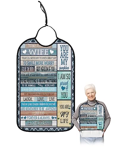 Gift for Wife Adult Bibs for Eating, Waterproof Bibs with Food Catcher & Adjustable Snap Closure, Farmhouse Wooden Words Black Plaid Washable Clothing Protectors Adult Bibs for Elderly Women/Men