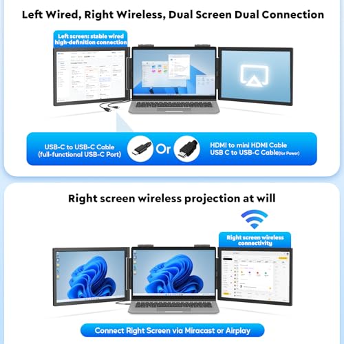 Image of Wireless Triple Portable Monitor，Laptop Screen Extender 14 inch, Wired Left Screen & Wireless Right Screen, 1080P FHD IPS Display Compatible with Mac M1 M2 M3 M4 Windows Android, Fits 14 inch-16 inch Laptops