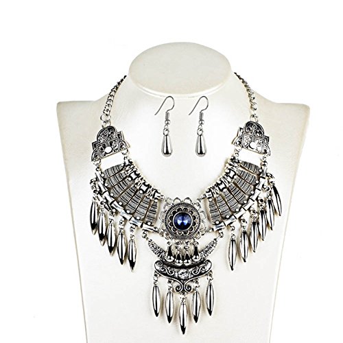 Jewelry Set Ethnic Tribal Turkish Boho Coin Cool Chain Gem Necklace Earring Tassel Leaf Pendant Statement Jewelry Set (1)