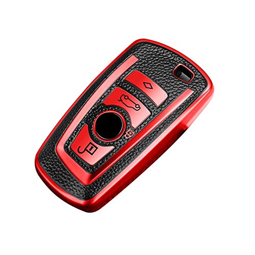JVCVPremium Soft TPU Leather Pattern Key Cover Compatible with BMW Smart Key (Red)
