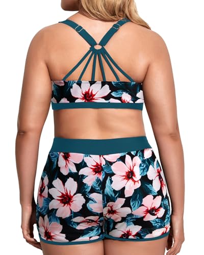 Image of Holipick Women Plus Size Swimsuits - Athletic 3 Piece Tankini with Shorts | Sports bikini top, high waist shorts, tank top, removable pads. Athletic style for water activties