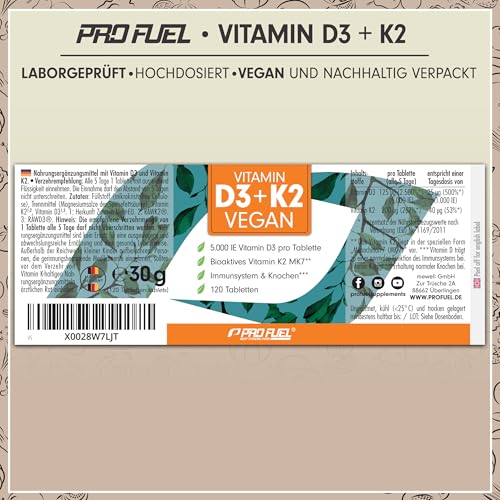 Vitamin D3 K2 VEGAN - 120 Tabletten mit 5000 IE D3 + 200 mcg K2 (MK7) - Vitamin D3 optimal hochdosiert und vegan - reicht für 19 Monate - laborgeprüft mit Zertifikat