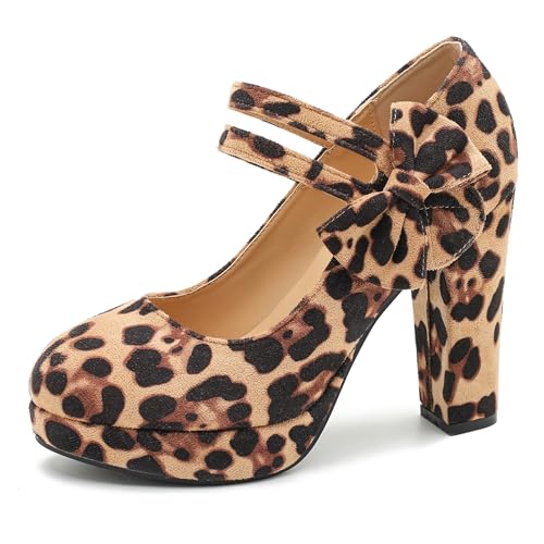 Image of MAIERNISI JESSI Women's Platform Mary Jane Pumps with Bow, 3.94 Inch Block Heel Dress Shoes