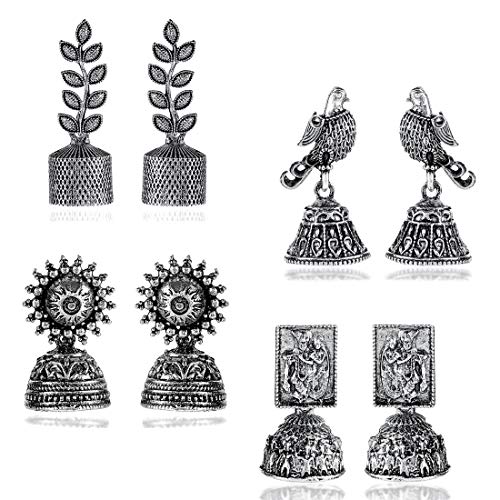 Image of Yellow Chimes Earrings for Women & Girls | Traditional Silver Oxidised Jhumka | German Silver Oxidized Drop Earring Set | Earrings Combo | Accessories Jewellery | Birthday & Anniversary Gift
