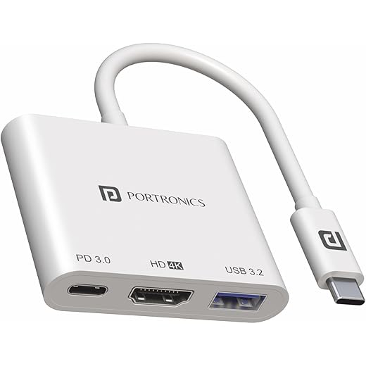 Portronics C-Konnect Type C to HDMI Adapter (3-in-1), Multiport USB C Hub with 4K@30Hz, USB 3.0 @ 5Gbps, 100 W PD Charging Port for Laptop, MacBook, PC and Other Type C Devices (White)