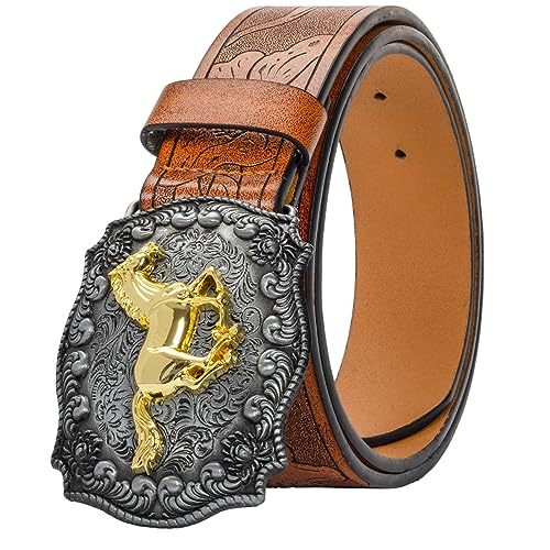 Image of UTOWO Western PU-Leather Cowboy Buckle Belt for Men and Women Jeans Engraved Floral Longhorn Bull Buckle Belt (25-38 inch waist)