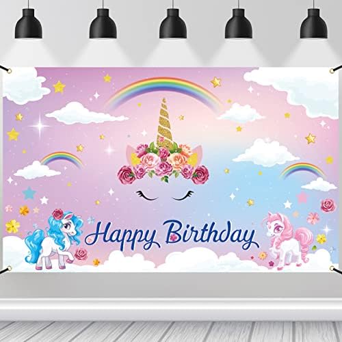 Unicorn Party Decorations, Rainbow Unicorn Backdrop Banner, Pink Happy Birthday Photography Background Sign Baby Shower Supplies Decor for Kids Girls 71"*43"