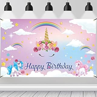 Unicorn Party Decorations, Rainbow Unicorn Backdrop Banner, Pink Happy Birthday Photography Background Sign Baby Shower Supplies Decor for Kids Girls 71"*43"
